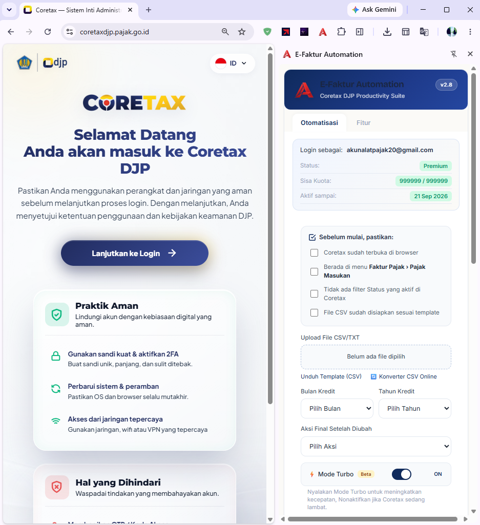 Tampilan e-Faktur Automation v2.8: pengaturan otomatisasi, impor CSV, dan monitoring proses real-time
